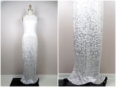 "This is an absolutely breathtaking gown. It's fully embellished with bright white and mirror-silver sequins and accented with tiny beading between each and every sequin. It's in excellent condition! Measurements: Bust - 32-36\" Waist - 26-30\" Hips - 36-40\" Length - 57\" This dress comes from a pet-free and smoke-free home. If you would like more info or have any questions, please don't hesitate to ask!" Contrast Sequin Fabric For Wedding And Prom, Contrast Sequin Fabric For Wedding And Prom Season, White Fitted Sequin Dress For Wedding, White Fitted Sequin Wedding Dress, White Wedding Dress With Contrast Sequin, Fitted White Sparkling Sequin Dress, Fitted White Sequin Sparkling Dress, Glamorous White Sequin Dress For Wedding, White Sequin Evening Dress For Prom Season