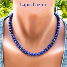 Add a touch of elegance to your ensemble with this exquisite Lapis Lazuli Necklace. Featuring beautiful 8mm Lapis Lazuli beads in varying shades of blue, this stunning necklace exudes timeless beauty and sophistication. Each bead is meticulously strung on durable steel wire and finished with a secure clasp, ensuring both style and durability. Elevate your look with this captivating blue gemstone jewelry that is perfect for any occasion. Necklace length 18 Inches + 2 in Extender Difference in col Lapis Necklace, Lapis Lazuli Necklace, Lapis Lazuli Beads, Blue Lapis, Natural Sunlight, Necklace Blue, Stunning Necklace, Blue Gemstones, Beaded Choker