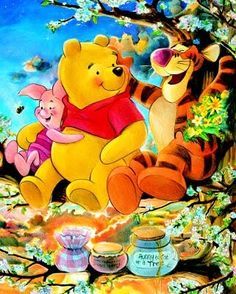 winnie the pooh and tigger sitting on top of a tree with honey jars