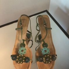 Adorable Green Low Heel Beaded Floral Miu Miu Sandals. Ankle Strap Closure. Vguc - Minor Wear On Soles And Just Needs New Heel Tap. See Pics. Summer Embellished Heels With Ankle Strap, Green Embellished Open Toe Heels, Green Embellished Round Toe Sandals, Elegant Beaded Summer Heels, Formal Green Embellished Sandals, Spring Beaded Sandals With Flat Heel, Spring Embellished High Heel Sandals, Embellished High Heel Sandals For Spring, Spring Beaded Flat Sandals