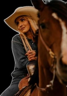 a woman wearing a cowboy hat riding on the back of a brown horse