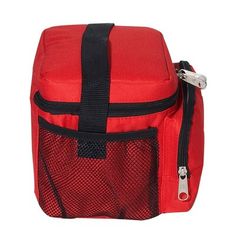 a red lunch bag with black straps