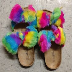 Rainbow Fluffy Sandals Fun Multicolor Round Toe Slippers, Multicolor Synthetic Flip Flops With Cushioned Footbed, Multicolor Cushioned Synthetic Flip Flops, Multicolor Synthetic Open Toe Sandals, Multicolor Open Toe Synthetic Sandals, Multicolor Synthetic Flip Flops For Spring, Multicolor Synthetic Slip-on Flip Flops, Fun Multicolor Synthetic Flip Flops, Trendy Multicolor Round Toe Sandals