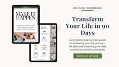 the transform your life in 90 days book and tablet computer with text that reads transform your life in 90 days