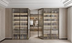 an empty walk in closet with glass doors