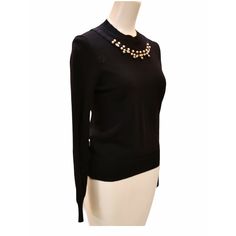 Comme des Garçons black knit mock neck sweater embellished with pearls and crystals around neck. Luxury Black Sweater For Formal Occasions, Chic Embellished Fitted Sweater, Elegant Fall Party Sweater, Elegant Fine Knit Sweater For Evening, Elegant Evening Sweater With Crew Neck, Black Crew Neck Sweater For Evening, Formal Black Fine Knit Sweater, Elegant Crew Neck Sweater For Work, Elegant Long Sleeve Sweater