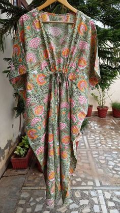 "These Kaftan we make from pure cotton Cambric Handblock print fabric. Handblock print gives it very unique look Size= Length 52\" Free size in chest . ." Handblock Print Dress, Multicolor Long Cotton Kaftan, Cotton Dresses With Kimono Sleeves For Home, Long Cotton Home Dress, Free Size Cotton Kaftan, Green Cotton Dress For Loungewear, Summer Cotton Kaftan For Home, Long Multicolor Cotton Kaftan, Multicolor Cotton Kaftan For Lounging