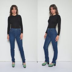 "Vintage 90s Mako Jeans dark blue bootcut long jeans. High waist tight denim pants. - Label: Mako Jeans (made in Portugal) - Era: 1990's - Color: dark blue - Fabric: 98% cotton, 2% elasthan  - Condition: very good. Ready to wear. - Tag Size: 38 - Fits Size: medium MEASUREMENTS: Waist: 26.7\" (68 cm)  Hips: 35.4\"(90 cm) Length: 44.5\"( 113 cm) Inseam: 33\" ( 84 cm) Model is 5.7 feet (174 cm) height." 90s Style Fitted Medium Wash Flare Jeans, 90s Style Fitted Denim Blue Jeans, 90s Fitted Straight Leg Jeans, Fitted 90s Denim Blue Jeans, 90s Fitted Denim Blue Jeans, 90s Fitted Denim Flare Jeans, 90s Style Fitted Full-length Jeans, 90s Style Fitted Full Length Jeans, Dark Blue Denim Jeans