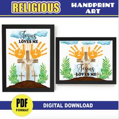 Christian Catholic Religious Handprint Art / Jesus Loves Me Craft for Kids, Baby Toddler, Preschool, daycare. Fun Keepsake Activity for Kids! Create a beautiful keepsake with this personalized art. Great gift for parents. Just add the kid's HANDPRINTS. Your Download Includes:x1 Cross - Jesus Loves Me Handprint Template - HORIZONTAL /landscape (Size 8.5x11)x1 Cross - Jesus Loves Me Handprint Template - VERTICAL /portrait (Size 8.5x11)Format:-PDF / Printable / Digital Download / Print and Go****** Easter Handprint Art, Handprint Template, Easter Handprint, Sunday School Activities, Easter Story, Easter Religious, Handprint Crafts, Easter Cross, Handprint Art