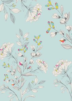 a blue wallpaper with flowers and leaves on it