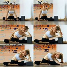 a woman doing yoga poses in front of a wall with pictures on the walls behind her