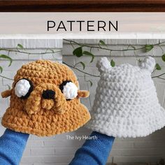 two crocheted hats that look like the characters from adventure time