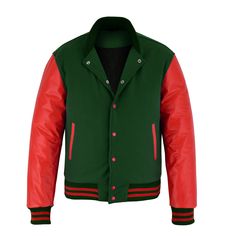 Varsity Letterman Baseball Green Wool and Red Genuine Leather Sleeves Jacket with Gold Trims If your required Size & Color Combination is not listed then please contact with us We will respond you as soon as possible the estimated time is 12 Hours, All Sizes & Color Combinations are Available. The quality of the varsity jacket is the finest in the field. 100% high quality Wool. A fine quilt lining with Wool trimmed inside pocket are all part of the complete package. Each varsity jacket design is Red Varsity Jacket For Winter, Classic Red Varsity Jacket For Winter, Classic Red Varsity Jacket For College, Red Fitted Varsity Jacket For Winter, Classic Red Outerwear For College, Leather Sleeve Jacket, School Jacket, Varsity Letterman Jackets, Retro Sports