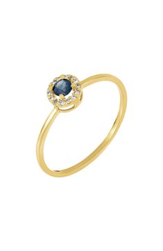 A halo of diamonds brings shine to this 18K yellow gold ring centered with a gorgeous sapphire. Total diamond weight: 0.05ct. 18K yellow gold/sapphire/diamond Imported Diamond Guide Yellow Gold Sapphire Ring With Halo Diamond Design, Gold Sapphire Diamond Ring With Halo Design, Yellow Gold Sapphire Ring With Halo Design, 14k Yellow Gold Sapphire Ring With Halo, Sapphire Ring In Yellow Gold With Halo Setting, Yellow Gold Sapphire Ring With Halo For Promise, Yellow Gold Sapphire Halo Ring, Yellow Gold Sapphire Ring With Halo, Gold Sapphire Halo Ring