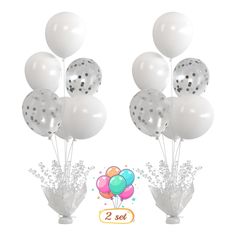 balloons and flowers in vases on a white background