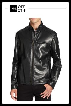 Classic Moto Jacket Is Updated With Smooth Leather For A Soft And Stylish Way To Keep Warm. Mandarin Collar Long Sleeves Zip Front Chest Zip Pocket Two Front Slant Pockets One Interior Zip Pocket Lined Leather Dry Clean Imported Size & Fit About 26" From Shoulder To Hem. Men's - M Outerwear > Saks Off 5th. Cole Haan. Color: Black. Size: M. Moto Outerwear With Zipper Closure And Long Sleeves, Casual Fitted Biker Jacket With Stand Collar, Fitted Biker Jacket With Stand Collar And Pockets, Fall Motorcycling Long Sleeve Outerwear, Moto Leather Jacket With Pockets, Fall Long Sleeve Leather Motorcycling Jacket, Fall Motorcycling Leather Jacket With Long Sleeves, Urban Long Sleeve Outerwear For Biker Events, Fall Motorcycling Long Sleeve Leather Jacket