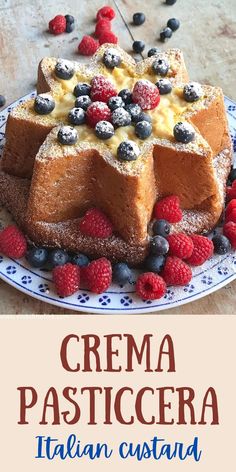 creme pasta with berries and blueberries on a plate