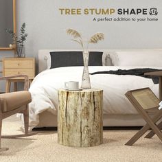 a bedroom with a tree stump table and chair