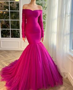 Siren's Spell Dress | Teuta Matoshi Robe Fuchsia, Red Green Dress, Off Shoulder Tulle, Gown Elegant, Mermaid Christmas, Spell Dresses, Fuchsia Dress, Evening Dresses Online, Long Prom Gowns