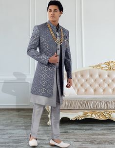 modern grey Kurta silk Jacket 3 Piece Sherwani Men, Engagment Dress, Grey Sherwani, Grey Dupatta, Suit For Men Wedding, Grey Kurta, Kids Kaftan, Blue Sherwani, Casual Abaya