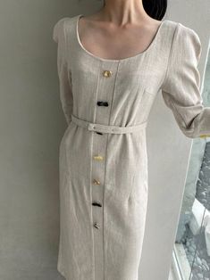 Midi length 100% linen dress with scoop neckline and half sleeve. Slim silhouette. Assorted button decoration down front and belted waist. Model is in MINUSEY S. ✔️ Free worldwide express shipping over $100✔️ Loved by 6,500+ customers✔️ Limited edition collections, maximum style⠀⠀⠀⠀⠀⠀⠀⠀⠀Stay ahead of the trend with can’t-find-anywhere-else staples. Your closet will thank you 💕 * MINUSEY S = EU 34, US 2* MINUSEY M = EU 36, US 4* 100% Linen* Dry clean* Made in Korea - Model Height: 170cm/5'7" (US2, EU34) Elegant Belted Linen Dress, Chic Belted Linen Dress, Chic Belted Linen Dress For Work, Fitted Belted Linen Dress, Belted Midi Linen Dress For Work, Chic Beige Linen Work Dress, Chic Beige Linen Workwear Dress, Elegant Belted Linen Dress For Work, Elegant Fitted Belted Linen Dress