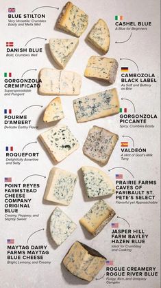 a poster with different types of cheeses and their names in english, french, spanish, and italian