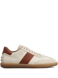 archive beige/chocolate brown canvas/calf leather suede panelling colour-block panelled design side stripe detailing debossed logo to the side logo-print tongue embossed detail round toe front lace-up fastening contrasting heel counter branded insole flat rubber sole Beige Leather Sneakers With Contrast Sole, Classic Beige Sneakers With Leather Sole, Designer Beige Sneakers With Rubber Sole, Classic Brown Sneakers With Contrast Sole, Beige Leather Sneakers With Rubber Heel Cap, Designer Beige Sneakers With Contrast Sole, Classic Beige Sneakers With Textured Sole, Designer Brown Sneakers With Rubber Sole, Classic Low-top Sneakers With Leather Trim