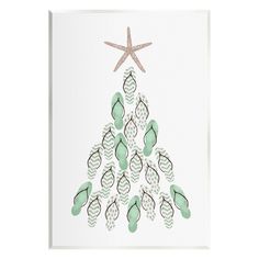 a christmas tree with green leaves and starfish on the top, in front of a white background