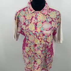 Lovely New With Tag Vintage Fiorucci Shirt. Has Price Tag - Never Worn! Beautiful Pink Floral Pattern With White Sleeves And Back. 20 In Across Top Chest. Medium Or Large Size Shirt Size Tag Not Included On Garment. Excellent Condition. About A 16 In Neck. Cotton Floral Print Collared Camp Shirt, Spring Cotton Camp Shirt With Casual Collar, Cotton Camp Shirt With Casual Collar For Spring, Pink Printed Shirt With Camp Collar, Pink Casual Hawaiian Shirt With Collar, Casual Pink Shirt With Casual Collar, Classic Multicolor Short Sleeve Shirt, Fitted Collared Hawaiian Shirt In Cotton, White Cotton Hawaiian Shirt With Button Closure