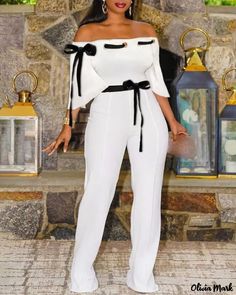 Color: white, Size: L Chic White Non-stretch Jumpsuits And Rompers, White Fitted Formal Jumpsuits And Rompers, White Fitted Jumpsuits And Rompers For Formal Occasions, White Fitted Jumpsuit For Formal Occasions, White Fitted Jumpsuits And Rompers For Spring, Off Shoulder Jumpsuit, White Off Shoulder, Top Pants Set, Jumpsuit With Sleeves