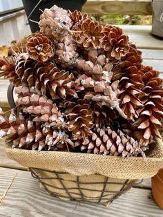 a basket filled with lots of pine cones