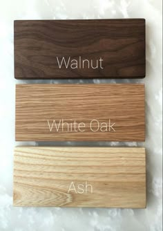 four different types of wood that are labeled in the words walnut, white oak, ash and walnut