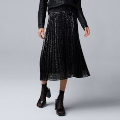 Slip into this women's Simply Vera Vera Wang pleated sequin skirt for an elevated look. Click on this WOMEN'S GUIDE to find the perfect fit and more! Slip into this women's Simply Vera Vera Wang pleated sequin skirt for an elevated look. Click on this WOMEN'S GUIDE to find the perfect fit and more! FEATURES A-line silhouette Elastic waistband Rounded hem Fully lined Pull-on stylingFIT & SIZING 30 1/2-in. length Midi length hits below the knee Midrise sits on the high hip Elastic waistbandFABRIC Sequin Skirt For Night Out In Fall, Fall Sequin Skirt For Night Out, Winter Party Pleated Skirt Bottoms, Winter Sequin Skirt For Night Out, Winter Evening Skirt With Sequins, Winter Evening Sequined Skirt, Winter Party Pleated Skirt, Spring Black Sequin Skirt, Black Sequined Skirt For Spring