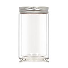 a clear glass jar with silver lid on a white background, it is empty and ready to be used for storage