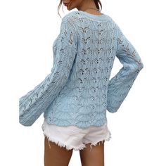 Blue Crochet Hollow-out Pullover Sweater Casual Light Blue Pointelle Knit Sweater, Blue Pointelle Knit Long Sleeve Cardigan, Casual Light Blue Open Knit Sweater, Blue Open Knit Long Sleeve Tops, Drawstring Sleeve, Sleeves Sweater, Blue Crochet, Bell Sleeve Sweater, Knitted Top