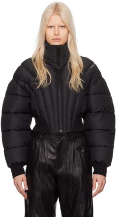 Insulated quilted recycled polyester taffeta puffer jacket. · Funnel neck · Zip closure · Rib knit hem and cuffs · Rubberized logo appliqué at shoulder · Zip pocket at interior · Plain-woven lining Supplier color: Black Mugler Black, Dystopian Fashion, Puffer Jacket Style, Scuba Jacket, Leather Puffer Jacket, Quilted Puffer Jacket, Quilt Jacket, Cool Outfits For Men, Black Quilt