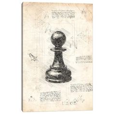 a black and white drawing of a chess piece with some writing on the wall behind it