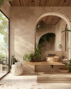 a bathroom with a large mirror, sink and plants