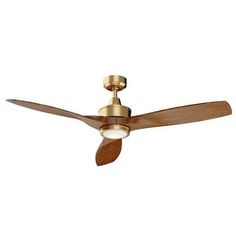 a ceiling fan with two wooden blades and a light on the top one is gold