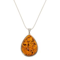 Amber Extraordinaire Sterling Silver Cognac Amber Pear-Shaped Pendant  Amber's famously warm glow is on beautiful display in this simply designed, pear-shaped pendant, an everyday look that gives any outfit an alluring touch.        Pendant approx. 2-3/16"L x 1-5/16"W     Chain approx. 22"L x 1/16"W     Stamped .925 sterling silver; polished finish      Popcorn-link chain: adjustable with drawstring slider     Finished, openwork back; pear-shaped pendant design   Stone Information       All sizes and weights approximate     Pressed Cognac Amber: Pear-shaped (39x29mm), smooth bead (6mm); collected in Poland   Good to Know      The amber color, along with the spangles, has been artificially induced by heat treatment.     Such color may fade. Elegant Amber Teardrop Pendant Necklaces, Elegant Brown Teardrop Necklace, Slider Design, Pear Shaped Pendant, Color Bands, Amber Color, Pendant Design, Stone Pendants, Pear Shaped