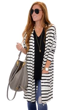 Everyday Striped Cardi :: NEW ARRIVALS :: The Blue Door Boutique Trendy Striped Outerwear For Layering, Chic Striped Cardigan For Spring, Spring Striped Cardigan For Layering, Striped Cardigan For Spring Layering, Spring Striped Outerwear For Layering, Blue Door, Rebecca Minkoff Hobo, Black Stripes, Boutique Clothing