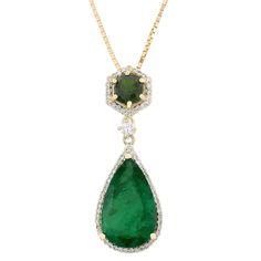 10.00 Carat Natural Emerald Tsavorite 14K Yellow Gold Diamond Necklace Gold Diamond Necklace, Emerald Necklace, Green Diamond, Yellow Gold Pendants, Green Gemstones, Precious Gems, Yellow Diamond, Natural Emerald, Gold Pendant Necklace