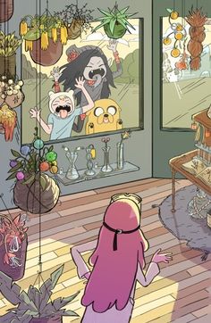 a cartoon character standing in front of a living room filled with plants and other things