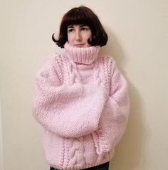 Handmade Pink Knit Sweater Chunky Knit Sweater Turtleneck Knit Sweater Oversized Knit Sweater Cable Knit Sweater Cozy Sweater by TINAFASHIONSHOP on Etsy Turtleneck Sweater Outfit, Knit Sweater Oversized, Goth Harajuku, Pink Oversized Sweater, Oversized Knit Sweater, Light Pink Sweaters, Sweater Chunky, Pink Knit Sweater, Sweater Turtleneck