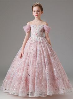 Pink Ball Gown Tulle Sequins Beading Flower Girl Dress Shaded Embroidery, Girls Frocks Design, Pink Dresses For Kids, Sequin Flower Girl Dress, Flower Girl Gown, Girls Ball Gown, Female Pose, Pink Ball Gown, Dress Anak