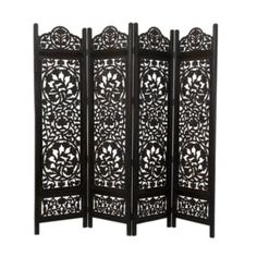 Designed with the essence of timeless sophistication, where rich old-world textures and warm hues come together for a refined classic taste of understated luxury. MDF gives this room divider a solid and durable form. Natural wood black finish highlights this 3-panel room divider. Carved medallion patterns adorn each panel of this room divider for an extraordinary display. The black wood room divider screen measures 80L x 1W x 72H inches, and weighs 44.1 lbs | Monroe Lane Traditional Wood Room Di Nature, Foldable Partition, Panel Partition, Privacy Screens Indoor, Oversized Pattern, Wood Room Divider, 4 Panel Room Divider, Room Divider Screen, Divider Screen