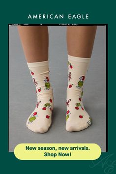 Made from a soft cotton blend/Ribbed cuff/Allover Grinch pattern Grinch Pattern, Novelty Socks, Crew Socks, Grinch, Women's Jeans, American Eagle Outfitters, American Eagle, Women Jeans, Shop Now