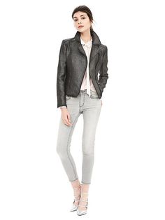 This metallic moto blazer will add the perfect amount of edge to any street style look this winter | Banana Republic Chic Formal Biker Jacket For Spring, Chic Biker Jacket With Zip Fly For Workwear, Chic Fitted Biker Jacket For Office, Chic Workwear Outerwear With Side Zipper, Chic Outerwear With Side Zipper For Work, Chic Spring Biker Jacket For Office, Chic Fitted Biker Jacket With Metal Zipper, Chic Biker Jacket With Asymmetrical Zip, Chic Biker Jacket With Asymmetrical Zip And Side Zipper