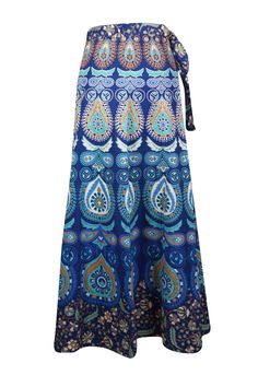 This Women Wraparound Paisley Skirt is perfect for any boho-chic occasion. Crafted with handloom cotton fabric, it features a unique tribal print in striking sea blue hues, and a innovative wraparound style that adds an extra dimension to any wardrobe. One size fits most. SML This Maxi Cotton Wrap Skirt is a unique and stylish way to make a statement. Handmade in handloom cotton, it's a one-size-fits-all, earth-friendly option that's perfect for barbecues, beach walks, or other special occasions Summer Bohemian Cotton Wrap Skirt, Blue Boho Print Maxi Skirt For Vacation, Bohemian Cotton Wrap Skirt For Summer, Blue Flared Maxi Skirt For Vacation, Bohemian Blue Maxi Skirt For Beach, Blue Boho Print Beach Skirt, Multicolor Bohemian Wrap Skirt For Vacation, Blue Boho Print Maxi Skirt For Festival, Bohemian Multicolor Wrap Skirt For Vacation