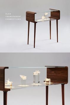 two tables with glass top and wooden legs, one is shaped like a flower vase